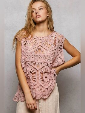 POL Pink Crochet Sleeveless Tunic Top